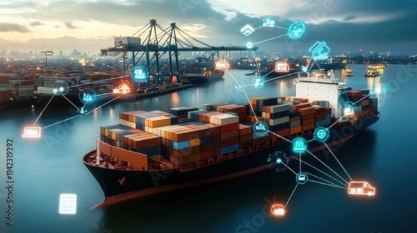 Fototapeta Global trade routes depicted as holographic data streams, futuristic logistics networks.