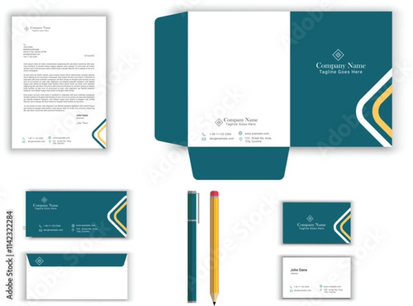 Fototapeta corporate modern stationery set design template. letterhead envelope , business card ,file folder with bleed .stationary set vector design letterhead, visiting card, envelop, folder