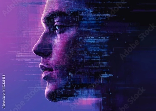 Fototapeta A woman's face is shown in a blue and purple background with a pixelated look