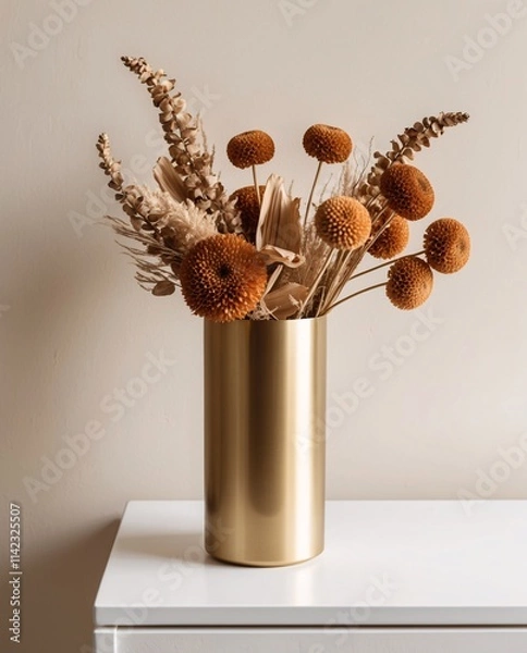 Fototapeta Metallic Vase with Warm Dried Blooms "A sleek, brushed gold metal vase filled with textured dried flowers rests on a white surface against a clean