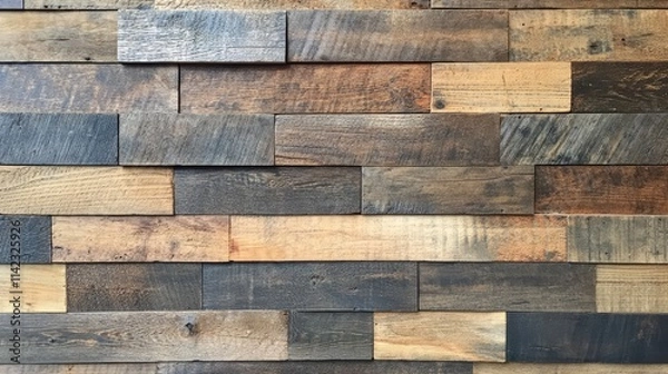 Fototapeta Textured wooden wall featuring a blend of various wood grain boards ideal for backgrounds or design projects with ample copy space.