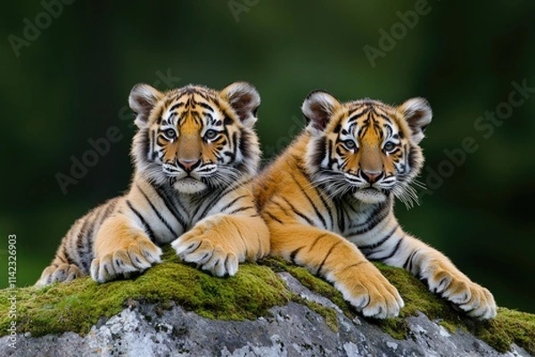 Fototapeta Playful tiger cubs resting on mossy rock in the wild wildlife photography lush green environment close-up view nature conservation
