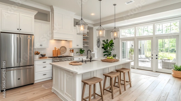 Fototapeta A kitchen with a wooden island and a large window. The kitchen is clean and well-lit, with a modern design. Scene is warm and inviting