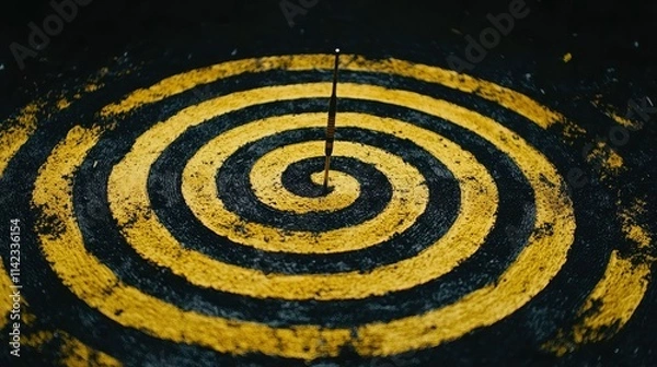 Fototapeta Yellow Spiral Pattern with Sharp Pin Centered on Dark Background for Creative Concepts