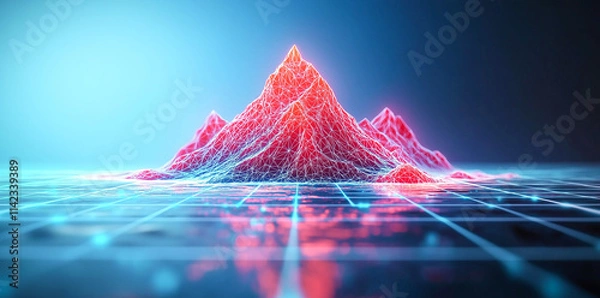 Fototapeta Futuristic landscape with neon mountains and grid reflection, showcasing vibrant colors and intricate wireframe design. captivating visual experience