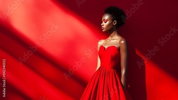 Fototapeta Female model in a bold red gown with dramatic studio shadows
