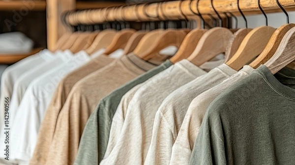 Fototapeta A neatly arranged display of casual shirts on wooden hangers in soft, neutral colors, showcasing a stylish and organized clothing collection.