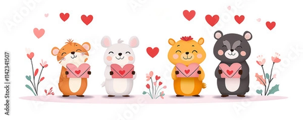 Fototapeta Cute animal characters holding heart shaped cards surrounded by flowers and hearts, perfect for Valentine Day celebrations. This whimsical illustration captures joy and affection