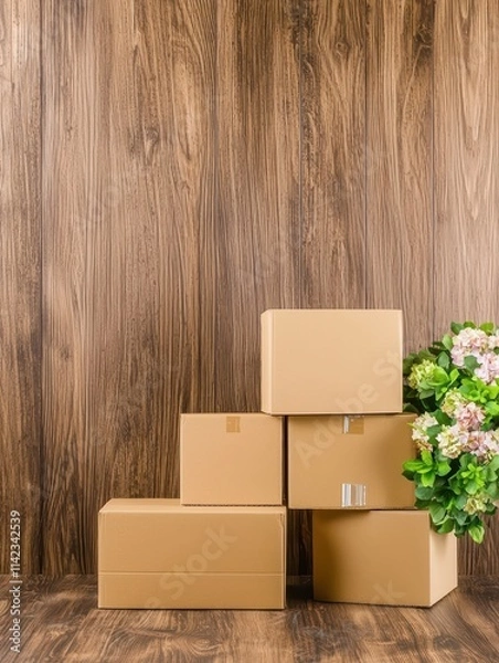 Obraz Cardboard boxes stacked neatly wooden background interior scene