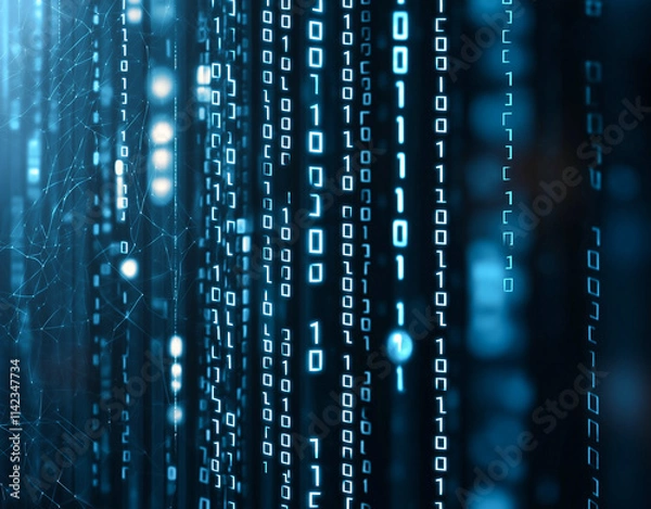 Obraz Digital binary code streams create mesmerizing backdrop, showcasing futuristic and technological atmosphere. vibrant blue tones enhance digital aesthetic, evoking sense of innovation and