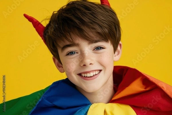 Obraz Boy Smiling Wearing Rainbow Cape And Horns