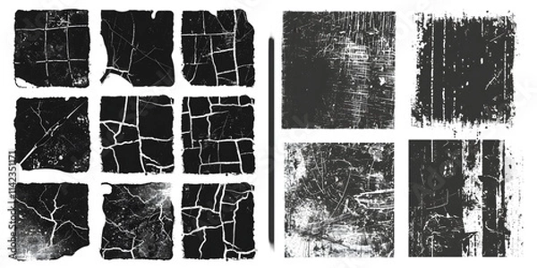 Fototapeta Overlay textures set stamp with grunge effect. Old damage Dirty grainy and scratches. Set of different distressed black grain texture. Distress overlay vector textures. Generative AI.