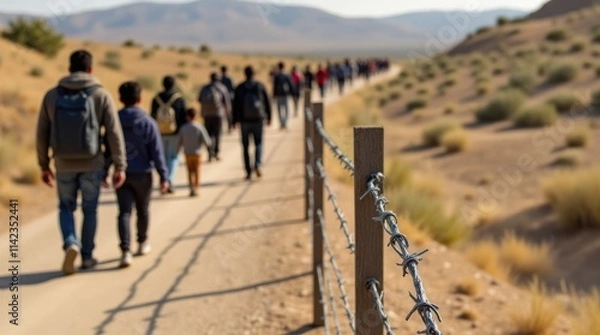 Fototapeta Barbed Wire and Migrants Walking Along a Dusty Path in a Desolate Landscape