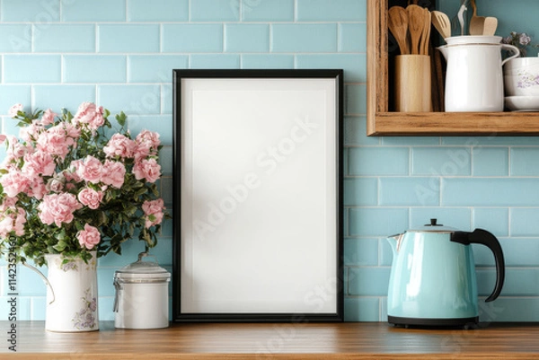 Obraz Black vertical frame mockup for kitchen wall art, blank frame on kitchen table. 