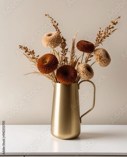 Fototapeta Metallic Vase with Warm Dried Blooms "A sleek, brushed gold metal vase filled with textured dried flowers rests on a white surface against a clean