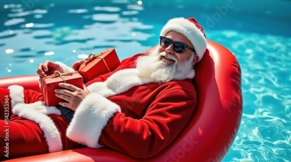 Fototapeta Claus Enjoys a Sunny Day on a Red Float Holding Bright Gift Boxes