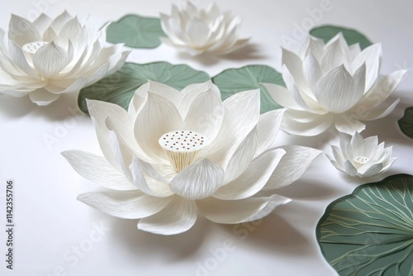 Obraz Close-up of elegant white paper lotus flowers and leaves on white background.