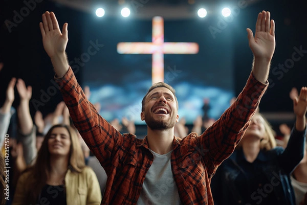 Fototapeta joyful man worships in modern Christian church, raising his hands in praise. congregation is engaged, with large illuminated cross in background, creating spiritual atmosphere
