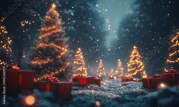 Fototapeta Illuminated christmas trees with red and golden garlands into a forest with snowy flakes with shape of stars close to xmas gifts in red boxes