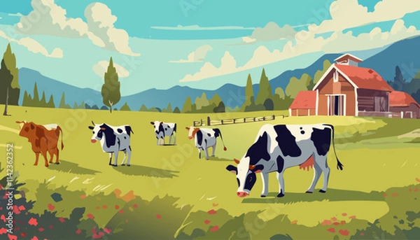 Fototapeta Cows on the meadow. Rural landscape. Vector illustration.