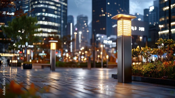 Fototapeta Smart lighting systems enhance urban landscapes, illuminating pathways and creating vibrant atmosphere in modern city at night. warm glow of lamps contrasts with sleek buildings