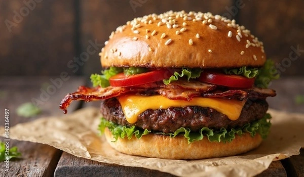 Fototapeta Close-up of beef cheese burger with crispy bacon and vegetables on wooden table, blur background. AI generated.