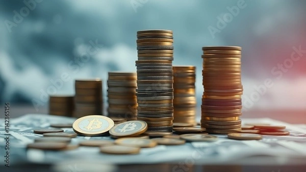 Fototapeta Financial Growth and Stability: Stacks of coins rising to represent financial success and stability, with dollar bills in the foreground.  A powerful visual for concepts of wealth, investment.