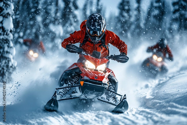 Fototapeta a person riding a snowmobile in the snow with other people behind him on a snowy mountain side with trees