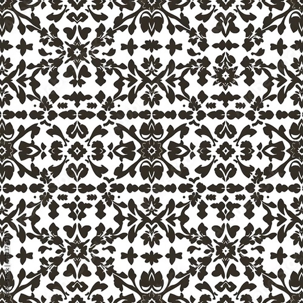 Fototapeta Monochromatic Damask: Elegant seamless pattern of dark brown floral damask design on white background. Perfect for luxurious home decor, fashion, and design projects.  