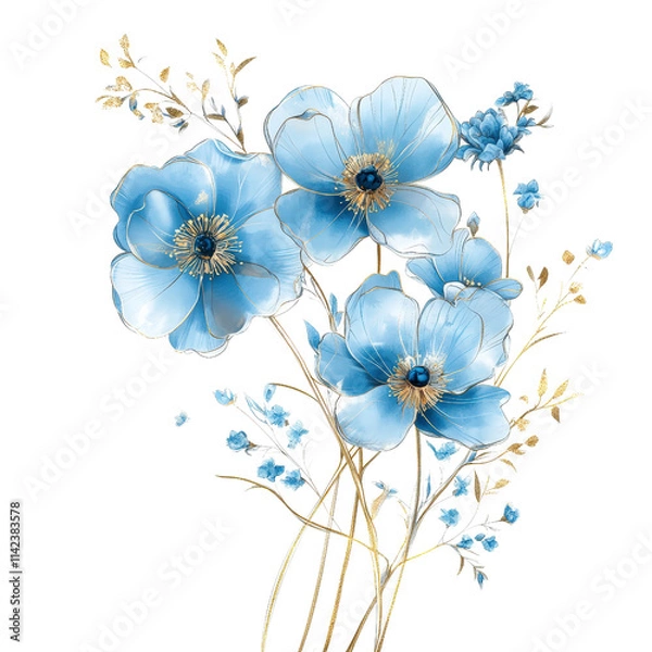 Fototapeta Elegant blue flowers with delicate petals and golden accents, showcasing beautiful floral arrangement. Perfect for adding touch of sophistication to any design