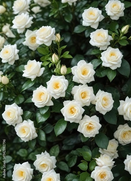 Fototapeta Cluster of tiny white roses contrasting against rich green leaves, botanical details, nature's bounty, close to nature