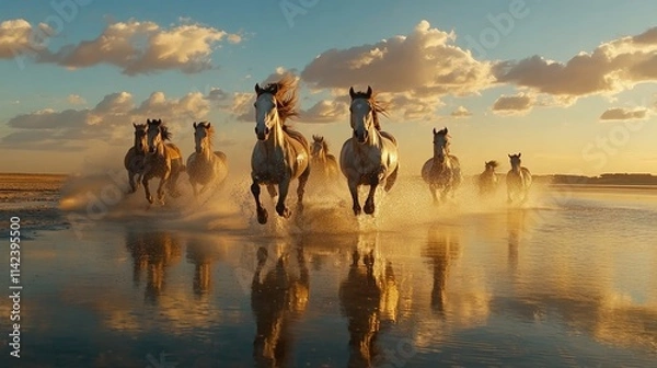 Fototapeta A breathtaking scene of seven horses galloping through shallow water, splashing as they run, with the sky and horizon reflected in the water, creating a serene and natural image.