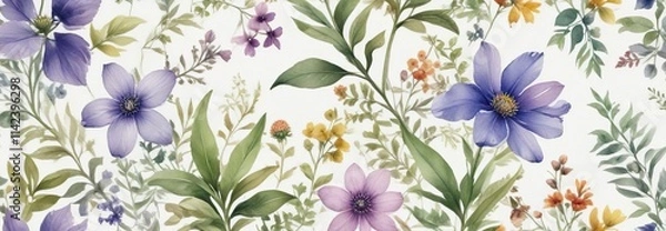 Fototapeta Elegant hand-painted wildflowers and leaves in watercolor on white background seamless design, artistic, whimsical., botanical, graceful