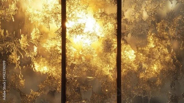 Fototapeta Golden lights shining through frost-covered window panes