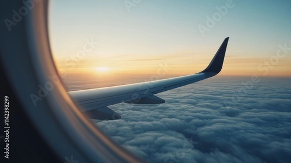 Fototapeta Morning flight with sunlight wing of plane over city view airplane flying above clouds blue sky scenic view from window commercial airline flight mechanics concept
