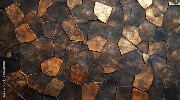 Fototapeta A textured surface composed of irregular, darkly colored tiles with a mix of golden accents, creating a unique and stylish aesthetic.