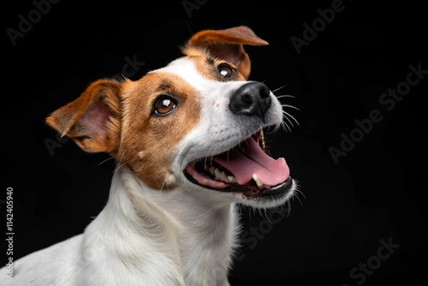 Fototapeta A cheerful dog with a bright expression poses against a dark background, showcasing its playful personality and captivating features.