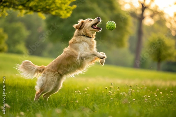 Obraz A joyful golden retriever leaps in a sunlit field to catch a green ball, showcasing playful energy and a vibrant outdoor atmosphere.