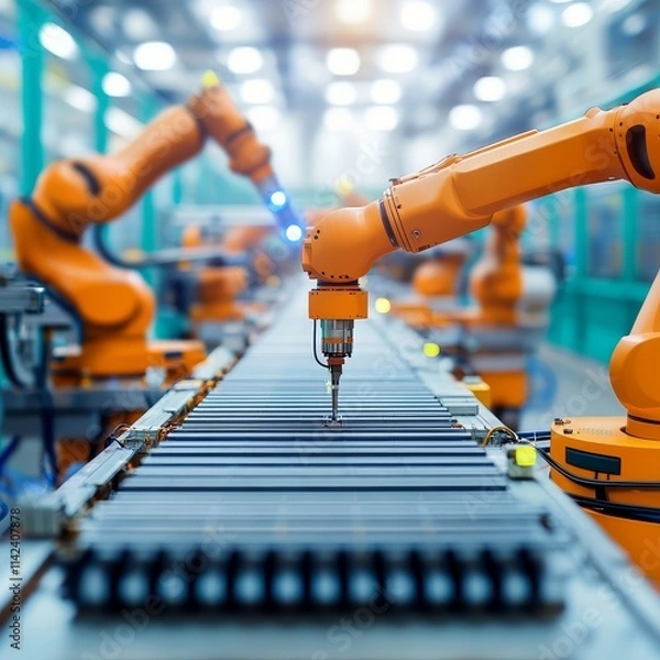 Fototapeta High-Tech Manufacturing Growth. Robotic arms assembling products in a factory setting.