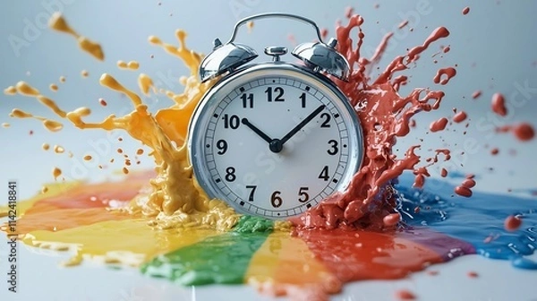 Fototapeta Melting Clock Flowing into Vibrant Rainbow Puddle Symbolic of Time s Fluidity