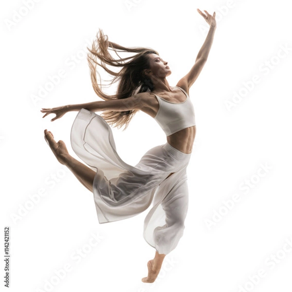 Fototapeta Grace in Motion: A graceful dancer leaps through the air, her white clothing flowing around her like a cloud. Her passion and energy radiate through the image, capturing the beauty and power of dance.