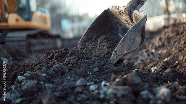 Fototapeta Excavator Scoop Full of Dark Soil, Construction Site