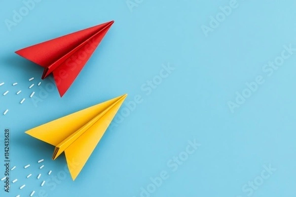 Fototapeta A paper airplane flying high into the sky, symbolizing light-hearted freedom and possibility