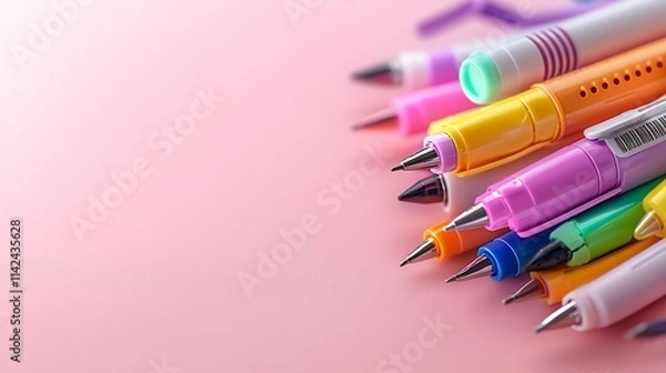 Fototapeta Highlighter and Document Annotator Symbolize Enhanced E Learning Tools on Pastel Pink Background