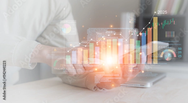 Fototapeta businessman trading in stock market exchange on virtual screen in office workplace signing investment documents and money management with trading chart financial planning for saving and passive income