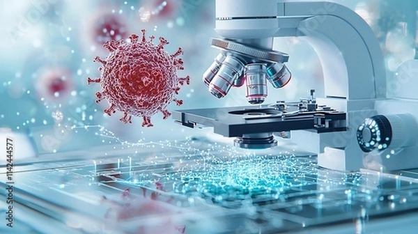 Obraz Virus Particle Microscope and Cloud Forming a Remote Diagnostic Device on White Background