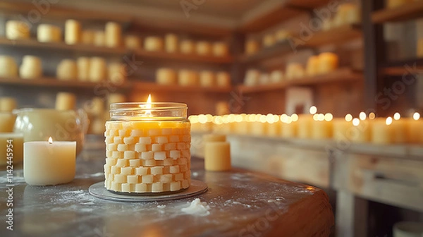 Obraz Closeup of cooling candle in a glass jar with the wick centered Molds and wax pitchers scattered nearby Shelves in the background filled with finished candles