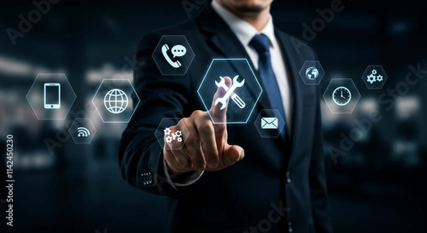 Fototapeta Professional business technology concept featuring futuristic virtual interface, digital tools, and innovation for workflow, solutions, and corporate success.
