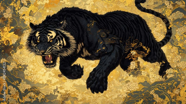 Obraz fierce black tiger depicted in intricate Japanese art style, showcasing powerful energy and elegance