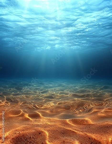 Fototapeta Beautiful underwater sea sandy scene view and ripples on water surface with  blue sky and clouds background , isolated on white background,  , copy space, copy space for text,